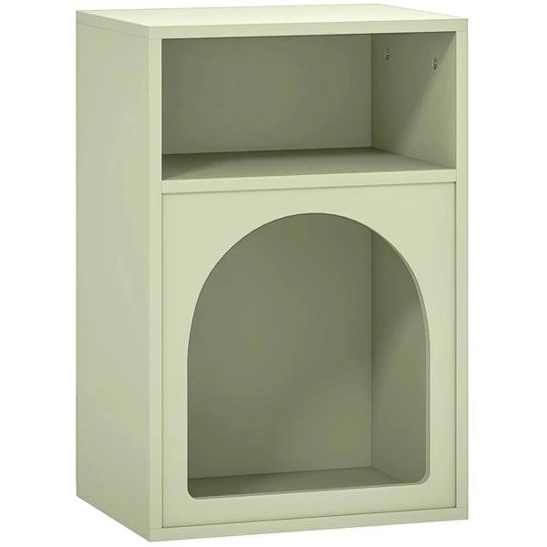 Light green bedside table with two open compartments, including arched lower shelf