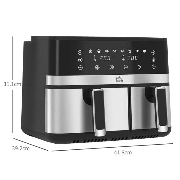 Black dual-basket air fryer with two drawers; product dimensions shown