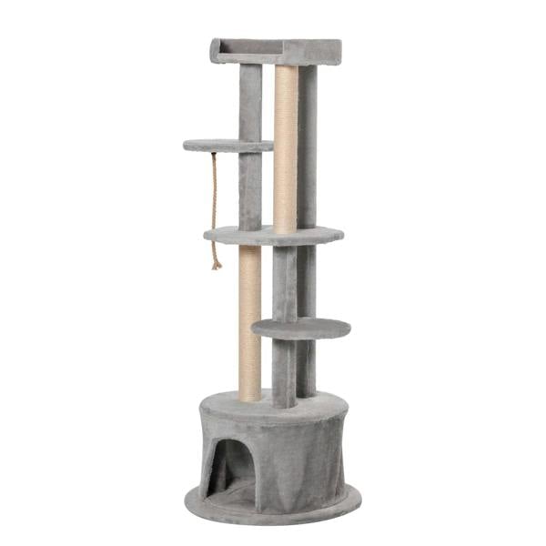 Grey multi-level cat tree with plush perches and hanging rope