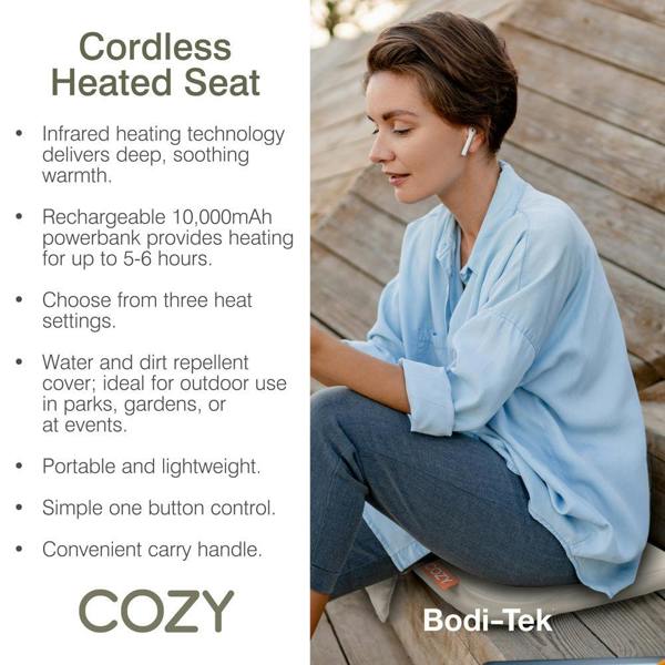 A woman sits outdoors on the COZY Cordless Heated Seat Pad - JORD, wearing a light blue shirt and earphones. Text mentions its rechargeable battery, multiple heat settings, and portability.