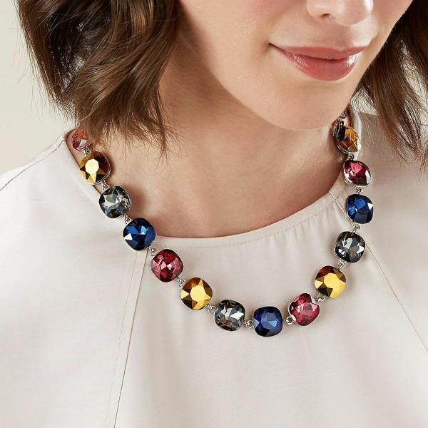 Pia Cushion-Cut Crystal Necklace, Wine Navy & Gold Silver-Tone