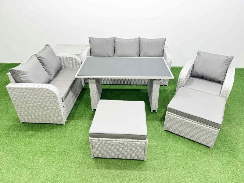 Fimous Rattan Outdoor Table Reclining Chair Sofa Set with Side Table 2 Big Stools Light Grey 8 Seater