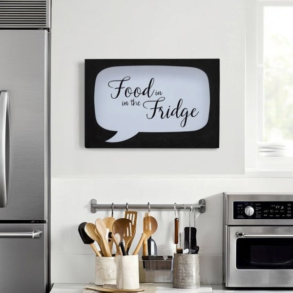 Kitchen interior with a sign reading 'Food in the Fridge' on the wall.