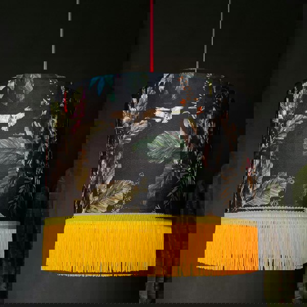 Handmade Fringed Velvet Lampshade in Carbon Black and Sunshine Yellow Fringing Light On