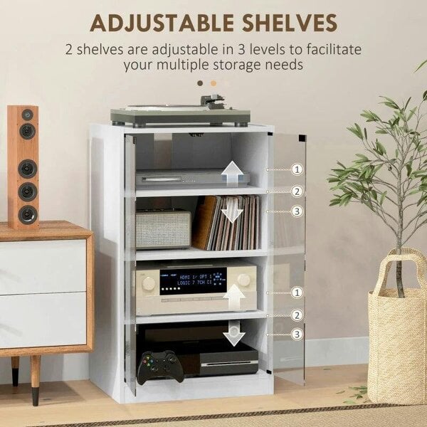 Bobobiy 4-Tier Hi-Fi Stand, Record Player Stand with Adjustable Shelves and Push-to-Open Glass Doors, White Wood-Effect