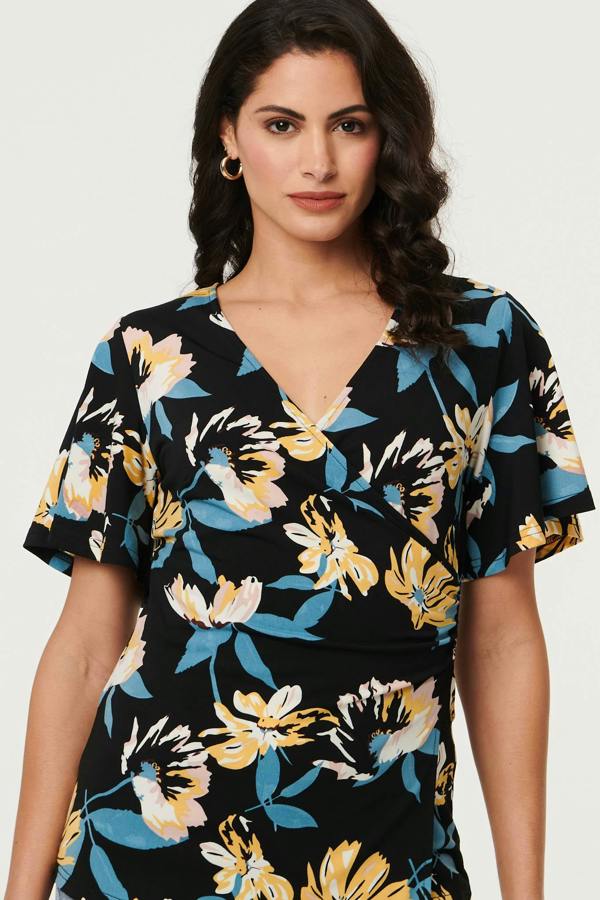 Black | Floral Short Angel Sleeve Wrap Front Top
