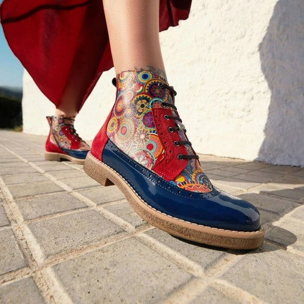 Embassy London Hatter - Red Navy - Women's leather ankle boot with laces and zip