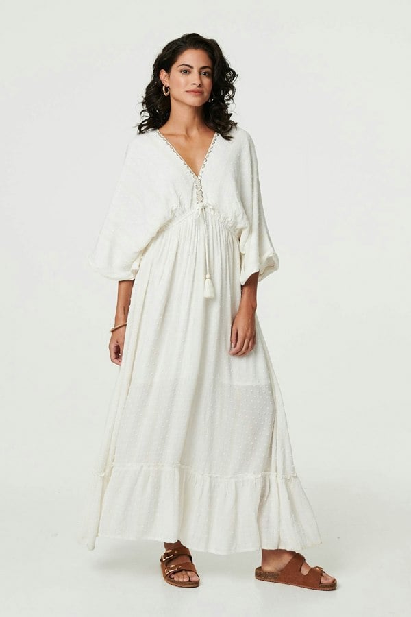 Cream | Textured V-Neck Empire Kimono Maxi Dress : Model is 5'8"/172 cm and wears UK8/EU36/US4/AUS8
