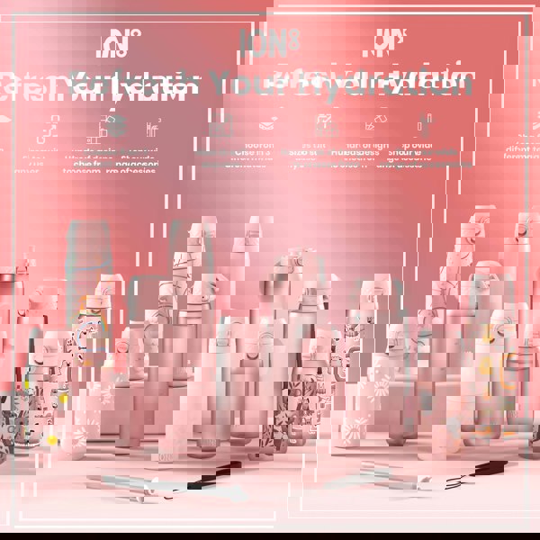 Several pink ION8 water bottles, various sizes and designs, are displayed on a pink surface; accompanying accessories are also shown. "Refresh Your Hydration" is a prominent header.