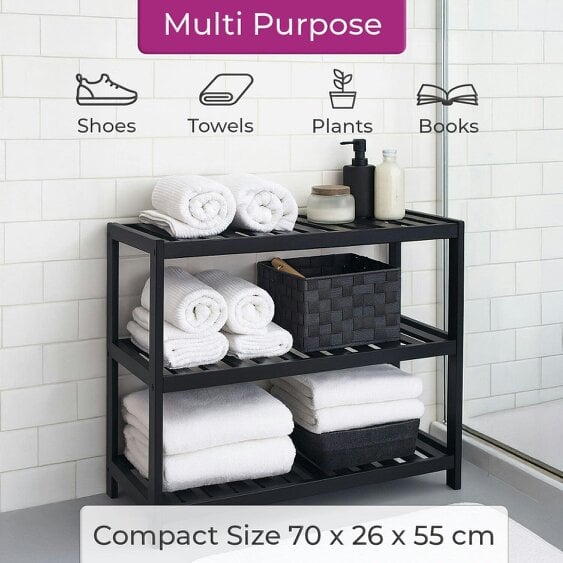 Neo Black 3-Tier Bamboo Shoe Rack Stand Natural Wooden Shoe Storage Shelf for Hallway Bedroom Bathroom