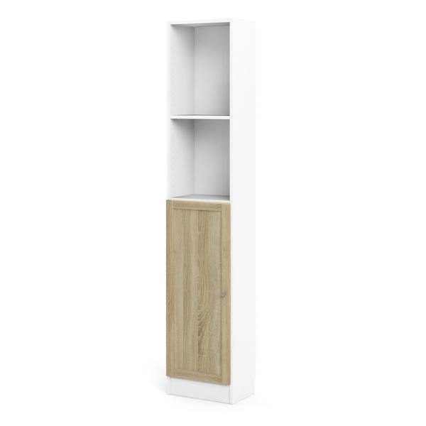 Furniture To Go Basic Tall Narrow Combination Storage Bookcase in White (4 Shelves) with Glass Oak Door