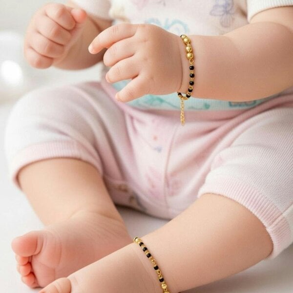 The Colourful Aura Gold Plated Three Ball Black Bead Kids Nazar Bracelet