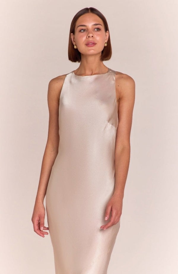 Rewritten London Paris Dress in Champagne Satin