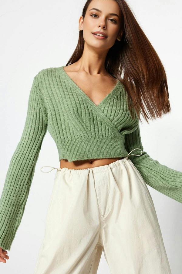 WOVCOR Crop Soft Textured Double Breasted Knit Sweater