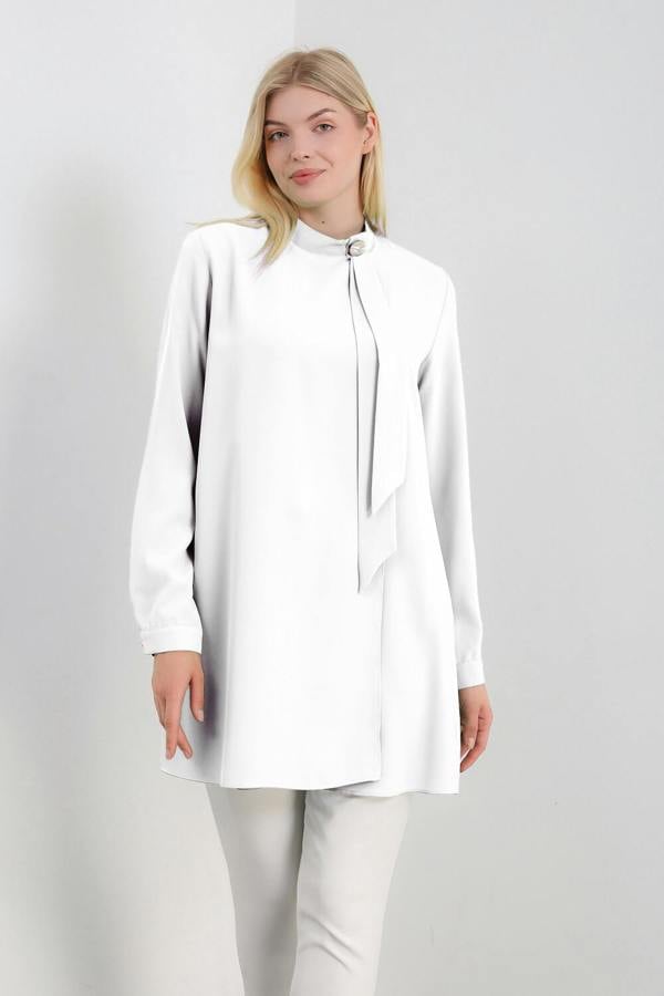 Hoxton Gal Oversized High Neck Tunic Top with Brooch Details in White