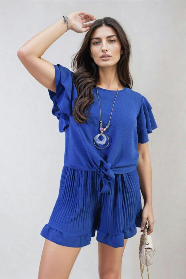 Cynthia Layered Ruffle Short Sleeve Tie Front Top - Royal Blue