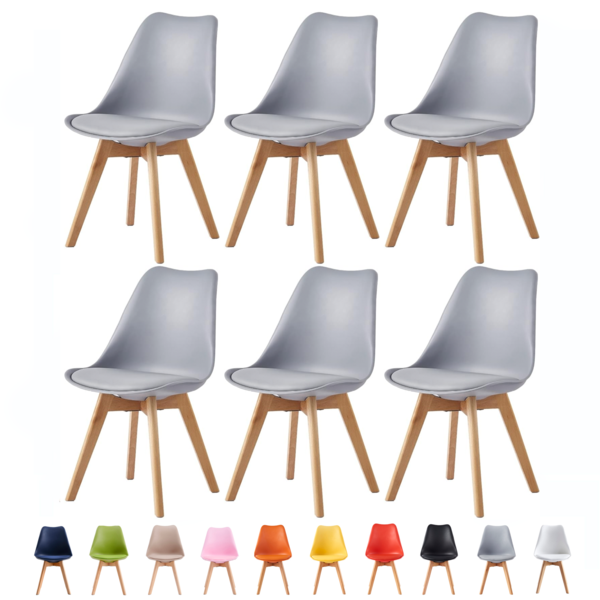 Set of 6 Dining Chairs with Solid Wooden Legs and Seat Cushion Pads Eva - Grey