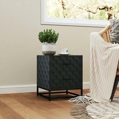 Bobobiy Bedside Tables Set of 2, Modern Bedside Table Nightstand with 2 Drawers, Bedside Cabinet Sofa Side Table with Storage, Steel Legs, Black