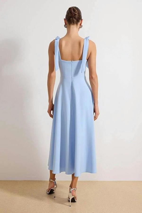 WOVCOR Tie Strap Midi Dress with Sweetheart Neckline