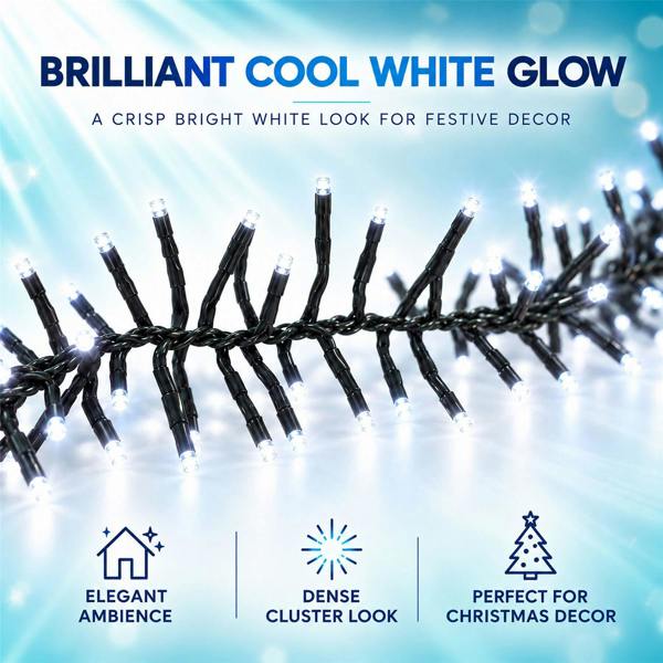 Cluster Green Cable Cool White LED Christmas Lights, 480 to 1920 LEDs, 8 Effects, Timer and Indoor/Outdoor Use image 3