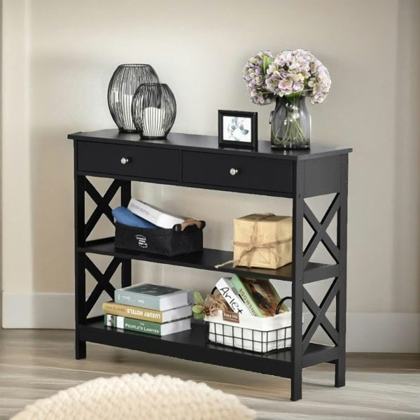 Rafaelo Mobilia 3 Tier Console Table With 2 Drawers Black