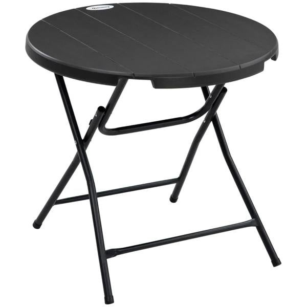 Foldable round outdoor dining table with dark grey HDPE tabletop and black steel legs