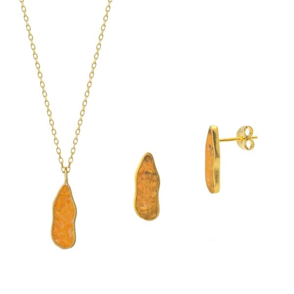 Spero London Molten Coral and Amber Sterling Silver Gold Plated Earring and Necklace Set