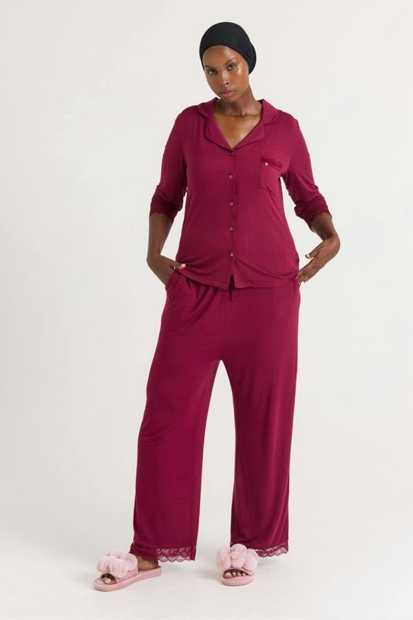 Bamboo Lace Long Pyjama Set in Bordeaux - Wholesale - Pajamas