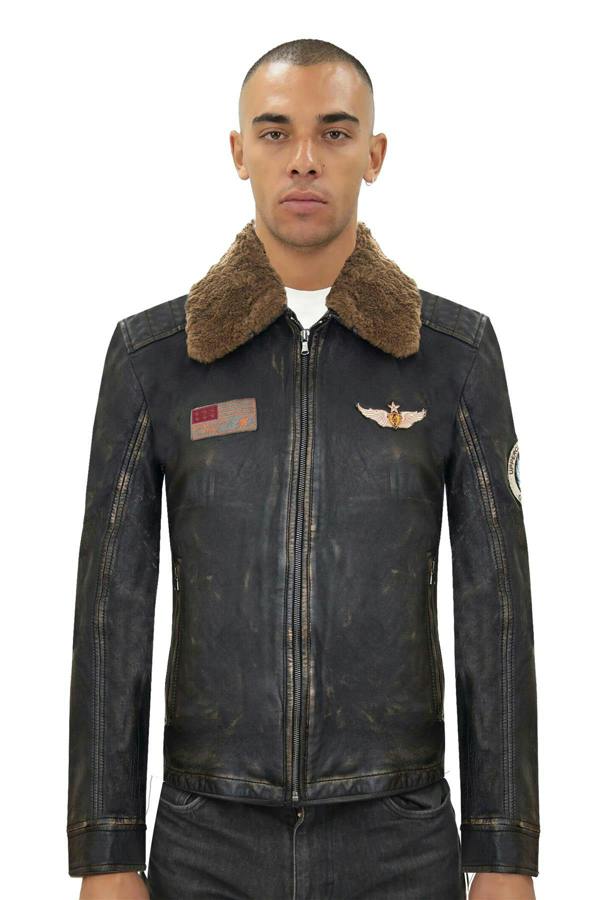 Infinity Leather Mens Badged Vintage Black Leather Bomber Jacket-Tunis