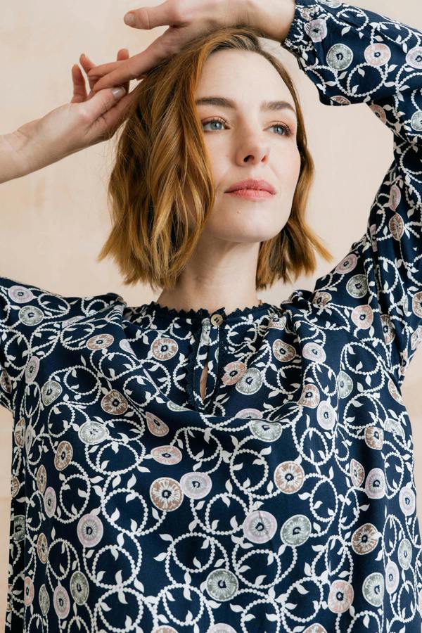 Emily Printed Keyhole Blouse Navy