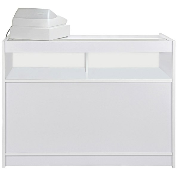 Brilliant white retail shop counter with sleek design, two open shelves, and a cash register on top, ideal for modern stores
