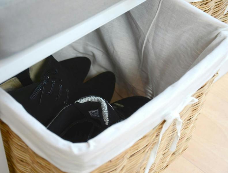 Statement Furniture Tetbury White Storage Bench with Natural Wicker Baskets and Grey Cushion