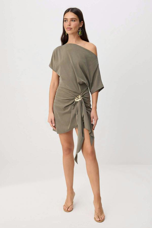 Premium Lyocell Boat Neck Drop Shoulder A-Line Mini Dress