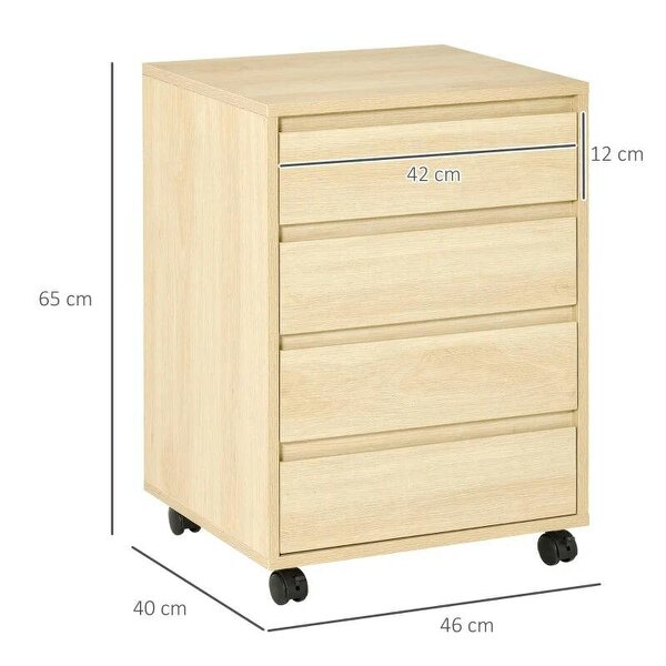 Four-Drawer Office Filing Cabinet, with Wheels - Natural Wood Finish