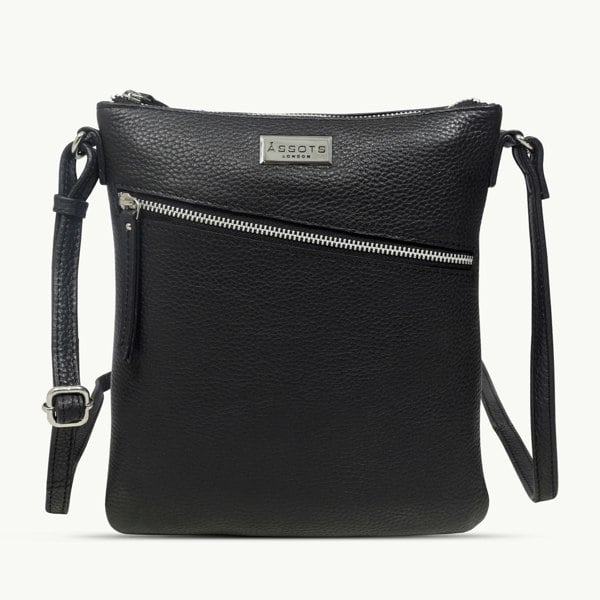 Assots London 'ROSY' Black Pebble Grain Soft Real Leather Crossbody Bag