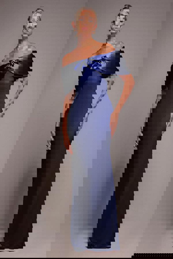 Twist Knot Satin & Scuba Bardot Maxi Dress - Navy Blue DR4575