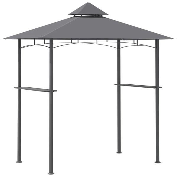 Grey double-tier BBQ gazebo grill canopy with arched roof panels and open metal frame