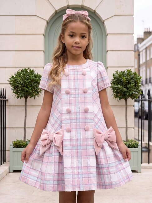 DRESS & Fleur Girls Check and Bow Dress in Pink