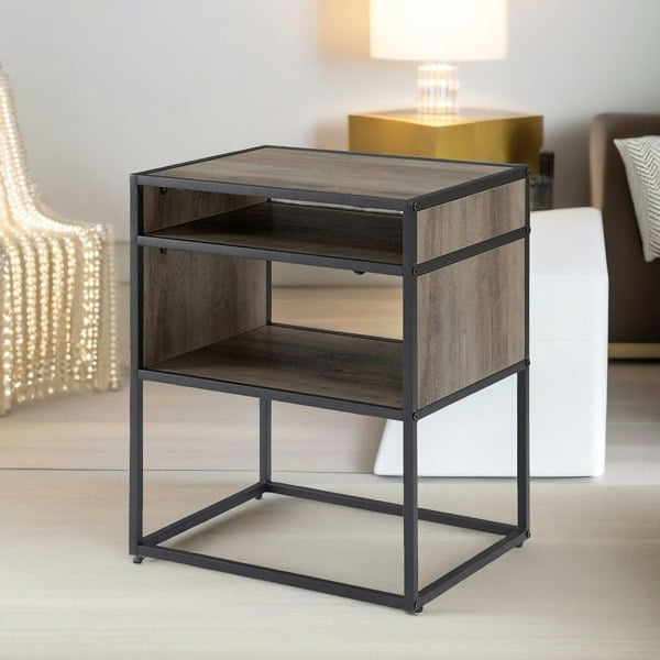 Rafaelo Mobilia Industrial Square Side Table With Open Storage Grey Walnut