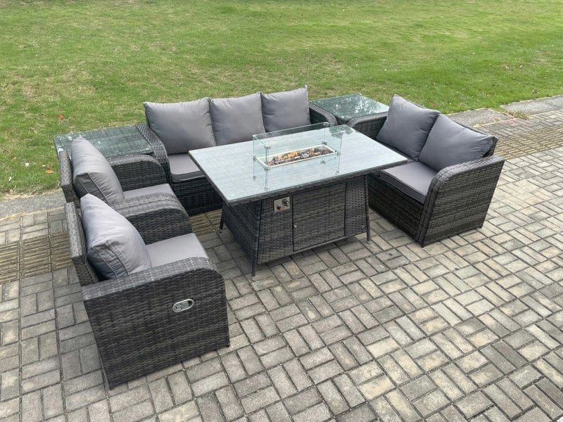 Fimous 7 Seater PE Wicker Outdoor Rattan Garden Furniture Set Propane Gas Fire Pit Table and Sofa Chair set with 2 Side Tables