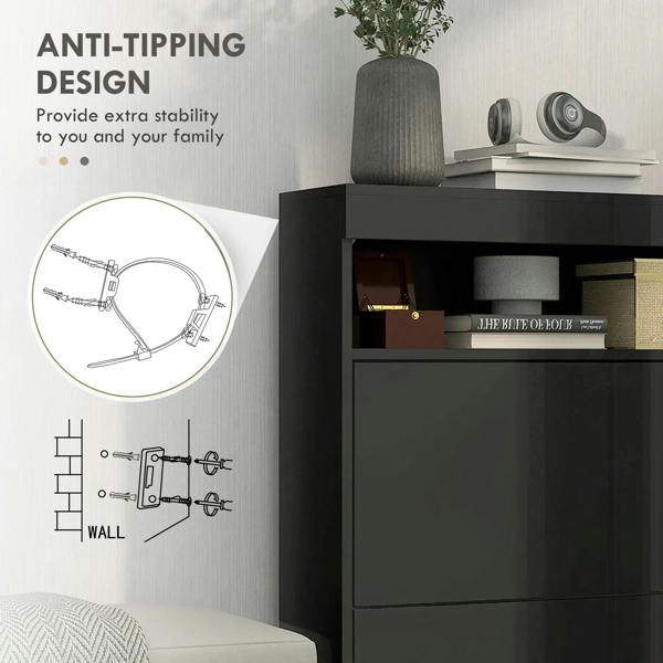 High-gloss black shoe storage cabinet with flip doors, open shelves holding shoes and boxes