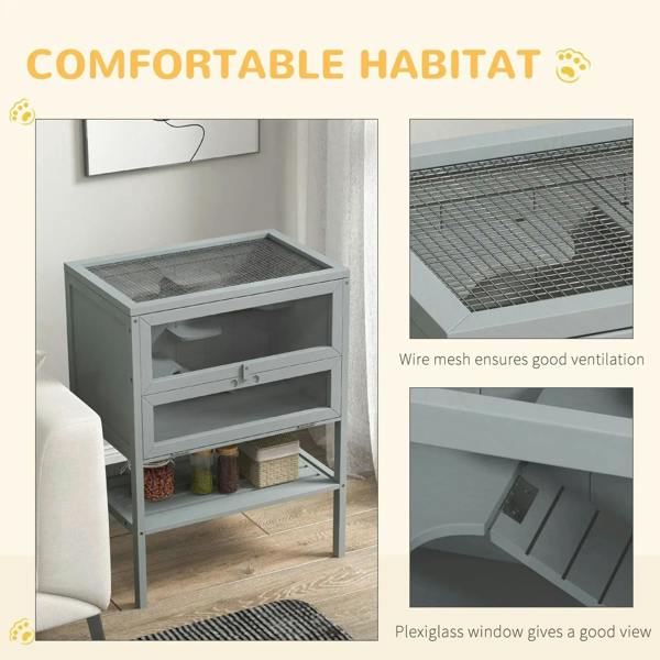 Grey wooden small animal cage with wire mesh top, side compartments, and platforms