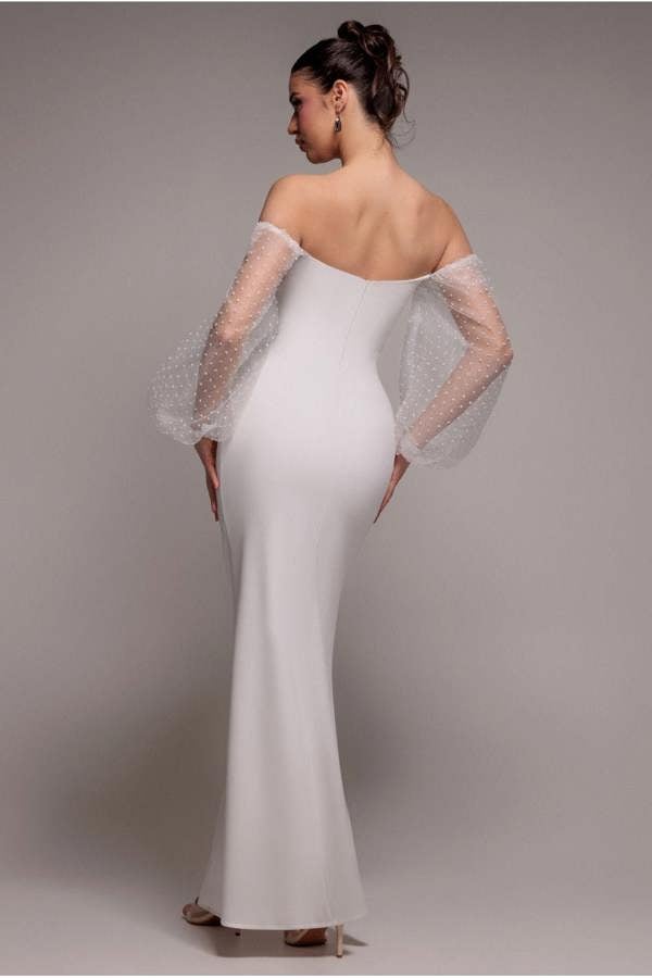 Dobby Organza Bishop Sleeve Multiway Maxi Dress - White DR5011