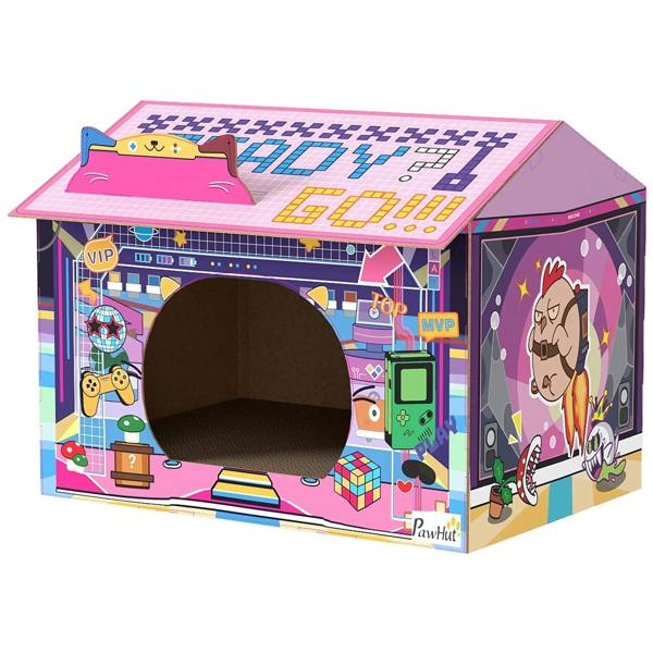 Pink cardboard cat house with open arch doorway and built-in scratching board top