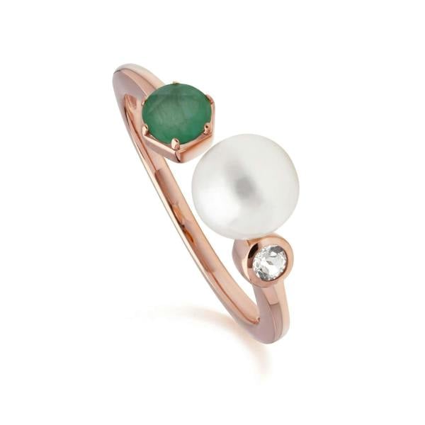 270R058803925 Modern Pearl, Emerald & Topaz Open Ring in Rose Gold Plated Silver 1