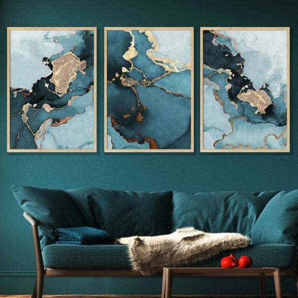 Set of 3 Abstract Teal Blue and Gold Framed Wall Art Prints | Artze Wall Art UK