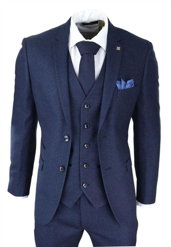 Paul Andrew Mens 3 Piece Navy Blue Birdseye Tweed Classic Suit