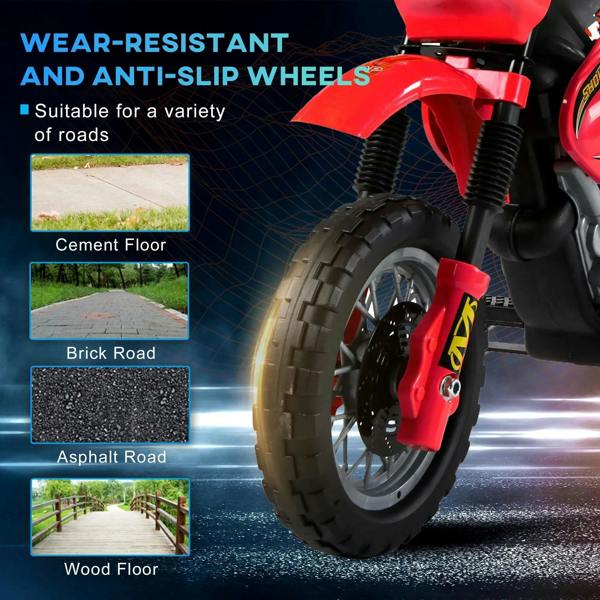 Front wheel and fork of red kids electric motorbike with anti-slip tires
