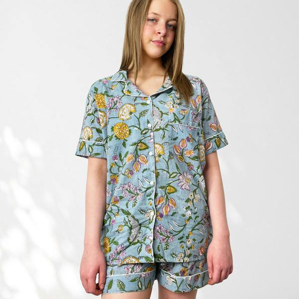 Hayley & Co Pale Blue Block Print Floral 100% Cotton Short Pyjama Set