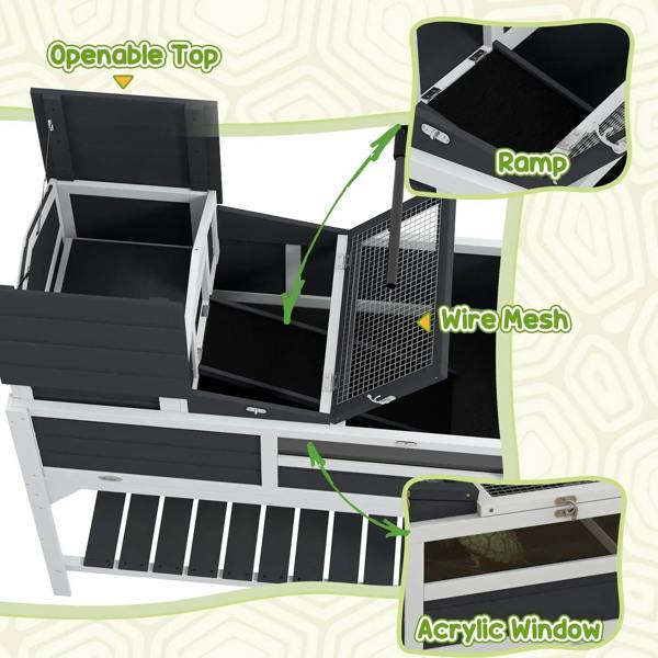 Gray wooden tortoise enclosure with openable top, ramp, wire mesh, and acrylic window
